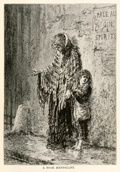 Chudý žebrák, z knihy Cesta kolem světa za osmdesát dní od Julese Verna (1828-1905), vyryl Louis Dumont (nar. 1822) 1873