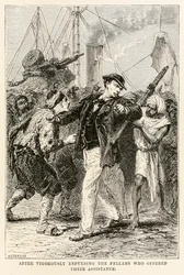 Poté, co energicky odrazil borce, kteří nabídli svou pomoc, z knihy Cesta kolem světa za osmdesát dní od Julese Verna (1828-1905), vyryl Henri-Théophile Hildebrand (1824-1897) 1873 (rytina