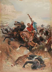 Poručíci Melville a Coghill Saving the Colours, válka Zuluů 1879, 1881 (chromolitho)