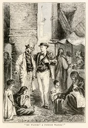 Moje hodinky? Rodinné hodinky!, z knihy Cesta kolem světa za osmdesát dní od Julese Verna (1828-1905), vyryl Louis Dumont (nar. 1822), 1873