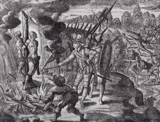 Španělská pomsta za smrt Ayolase, z Gottfrieds Historia Antipodum, hospoda. v roce 1655, z Romance of the River Plate, sv. I, od W. H. Koebel, 1914