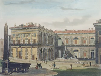 Vnitřní nádvoří Palazzo Pitti, Florencie, ryl Johann Falkeisen (1804-83) a koloroval L. Cherbuin, kolem 1842 (akvatinta)