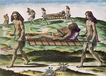 Hermafroditi přepravující zraněné, z „Brevis Narratio...“, vydané Theodorem de Bry, 1591