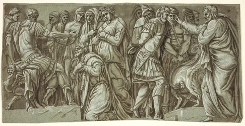 Rodina Dariova před Alexandrem a scéna s vězni; z průčelí Palazzo Milesi