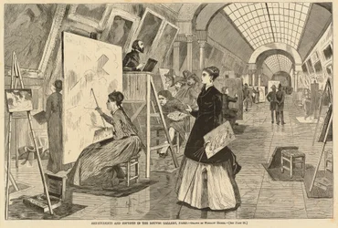 Studenti umění a opisovači v galerii Louvre v Paříži