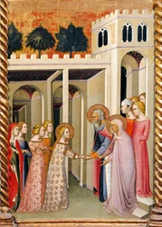 Panna Maria se svatým Joachimem a svatou Annou, detail oltářního obrazu zobrazující příběhy Panny od Bartola di Fredi (1330-1410)
