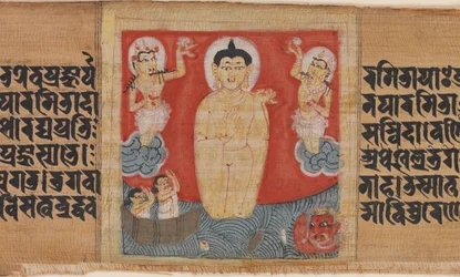 Buddha dává námořníkům bezpečí (Abhájánanda), list z rozptýlené Pancavimsatisahasrika Pradžňápramity