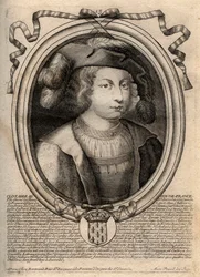 Portrét Clothaire III (652 - 673), krále Neustrije a Burgundska - Chlothar III nebo Clotaire III, král Franků z rodu Merovejců - rytina z 
