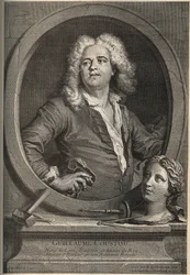 Portrét Guillaume Coustou (1677-1746) francouzský sochař - rytina od Larmessina podle J.de Liena