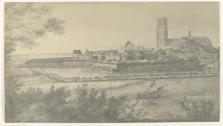 Pohled na Harderwijk, 1672 Fotografie kreseb francouzské invaze do Nizozemska v roce 1672 od Adama Franse van der Meulena dochované v Manufacture des Gobelins (název série)