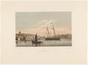 Přístav Willemstad Curacao. Kotviště válečných lodí v přístavu (název na objektu)