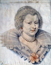 Portrét ženy z písmen Magdeleine de Souvre, markýza de Sable (1599-1678), dcery Gillese de Souvres, markýze de Courtenaux“ Kresba Daniel Dumonstier nebo Dumoustier (1574-1646) Paříž 17. století, Musee du Louvre
