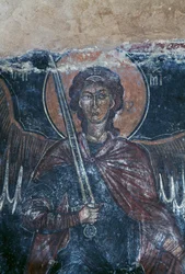 Anděl drží meč, freska v byzantském kostele svatého Jiří, Komitades, Kréta, Řecko (foto)