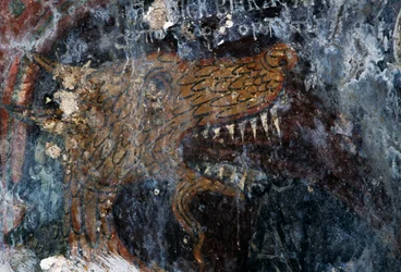 Pták, detail trestu zatracených v kostele Agia Paraskevi, Voutas, Kréta, Řecko (foto)