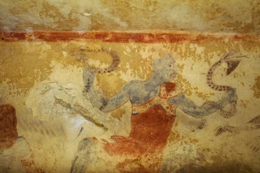 Modrý démon s hady, freska, Hrobka modrých démonů, nekropole v Tarquinie (Seznam světového dědictví UNESCO, 2004), Lazio, Itálie. Etruská civilizace, 5. století před naším letopočtem (foto)