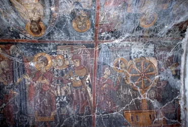 Freska s náboženskou tématikou, od Ioannise Pagomenose, freska v byzantském kostele svatého Jiří, Anidri, Kréta, Řecko (foto)