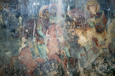 Svatí na koni, freska v byzantském kostele Agios Athanasios, Kefali, Kréta, Řecko (foto)