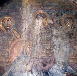 Svatí na koni, freska v kostele v Kandanos, Kréta, Řecko, Detail (foto)