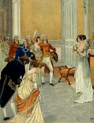 V Tuileries ministři, diplomaté a státní radní opouštějící konzuly, kteří oznámili vítězství Marenga (první italské tažení (1796-1797), přišli poblahopřát Josephine de Beauharnais (1763-1814); drží věnec z vavřínů odděleně