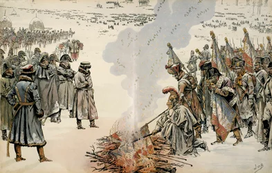 Ruské tažení (1812): Během ruského ústupu nařídil Napoleon I. Bonaparte (1769-1821) pálit vlajky a orly, aby zabránil nepříteli v jejich převzetí. Ve filmu „Napoleon“ od Georgese Montorgueila. Ilustrace Jacques Marie Gaston Onfray