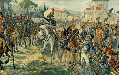 První italské tažení (1796-1797): Napoleon I. Bonaparte (1769-1821) zhodnotil 27. března 1796 italskou armádu v Nice. Ilustrace Jacques Marie Gaston Onfray de Breville dit JOB (1858-1931). Soukromá sbírka
