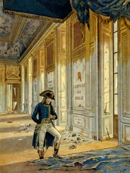 Francouzská revoluce 1789: Napoleon I. Bonaparte (1769-1821) v trůnním sále v paláci Tuileries po průchodu revolucionářů, kteří toto místo vyplenili. Na zdi je napsáno: "Království je zrušeno." Ilustrace Jacques Marie Gaston Onfray