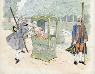 Francouzská galantnost v 18. století: mladý muž políbí ruku ženě na invalidním vozíku. ve „Francii, jeho příběh vyprávěný G. Montorgueilem, image ed by Job““ 1896. Soukromá sbírka.