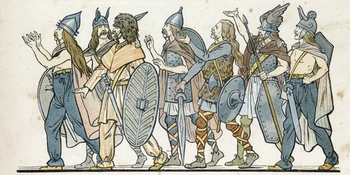 Galští válečníci se svými přilbami, meči a štíty. ve „“ Francii, jeho příběh vyprávěl G. Montorgueil, imagee by Job““ 1896. Soukromá sbírka.