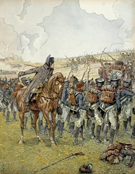 Německé tažení roku 1813: Napoleon I. Bonaparte (1769-1821) velel své armádě v bitvě u Lützenu 2. května 1813 před dosažením vítězství. V knize „Napoleon“ od Georgese Montorgueila. Ilustrace Jacquesa Marie Gastona Onfraye de Breville, zvaného JOB