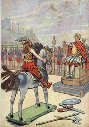 Dějiny Francie. Scéna římské Galie s hračkami: galský vůdce Vercingetorix (72-46 př. n. l.) jdoucí za římským náčelníkem Julesem Cesarem (100-44 př. n. l.) po bitvě u Alesie v roce 52 př. n. l. v „“ Pojďme si hrát na historii: Francie inscenovaná s Joujoux