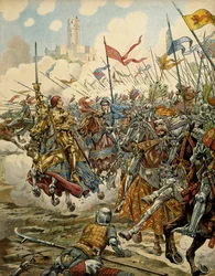 Dějiny Francie ve středověku: král Ludvík XI., zvaný Opatrný (1423-1483), v čele své armády během bitvy u Montlhéry proti Lize veřejného blaha, 16. července