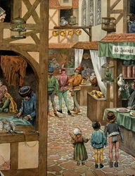 Dějiny Francie ve středověku: pařížská ulice poté, co král Ludvík XI., zvaný Opatrný (1423-1483), podepsal smlouvu z Péronne s Karlem Smělým. Pařížané koupili papoušky, které naučili říkat „Péronne“, aby se vysmívali