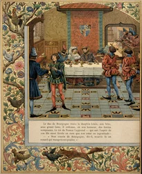 Historie Francie ve středověku (středověk): Burgundský vévoda Philippe Le Bon (1396-1467) má u stolu se svým pozváním delfína Ludvíka (tehdejšího krále Francie Ludvíka XI. známého jako Rozvážný