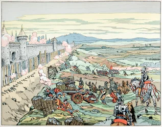 Ilustrace z knihy „“Le bon roy Henri””, ilustroval Jacques Marie Gaston Onfray de Breville dit JOB (1858-1931): Henri IV. napadl pařížský faubourg v roce 1590 - Soukromá sbírka