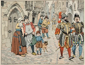 Ilustrace převzatá z knihy „“Le bon roy Henri””, ilustrovaná Jacquesem Marie Gaston Onfray de Breville dit JOB (1858-1931): Pařížané vidí špatným okem cizí jednotky, které jim přicházejí na pomoc - Soukromá sbírka