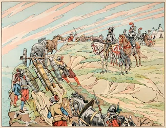 Ilustrace převzatá z knihy “”Le bon roy Henri””, ilustrovaná Jacquesem Marie Gaston Onfray de Breville dit JOB (1858-1931): Henri IV za války založil svůj tábor poblíž Dieppe se svým dělostřelectvem - Soukromá sbírka