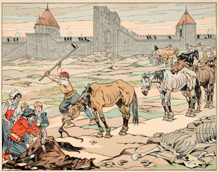 Ilustrace převzatá z knihy „Le bon roy Henri““, kterou ilustroval Jacques Marie Gaston Onfray de Breville dit JOB (1858-1931): Pařížané hladoví porážejí své koně – soukromá sbírka