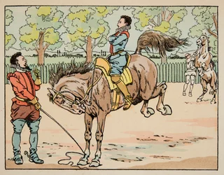 Ilustrace převzatá z knihy „“Le bon roy Henri””, ilustrovaná Jacquesem Marie Gaston Onfray de Breville dit JOB (1858-1931): Vzdělávání v jezdectví 16. století - Soukromá sbírka