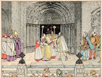 Ilustrace převzatá z knihy „Le bon roy Henri“, kterou ilustroval Jacques Marie Gaston Onfray de Breville dit JOB (1858-1931): Henri IV., Bazilika Saint Denis se vzdal svého náboženství a konvertité - Soukromá sbírka