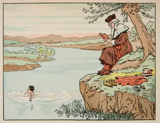 Ilustrace převzatá z knihy „Le bon roy Henri“, kterou ilustroval Jacques Marie Gaston Onfray de Breville dit JOB (1858-1931): Vzdělávání v 16. století: plavání - Soukromá sbírka