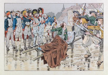 Jacques Marie Gaston Onfray de Breville dit JOB (1858 - 1931); Ilustrace z knihy „Les epees de France“: Markýz de Bonchamps smrtelně zraněn po bitvě u Choletu v roce 1793 zachraňuje republikánské zajatce z rukou chouanů; Coll, Par