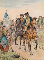 Jacques Marie Gaston Onfroy de Breville dit JOB (1858-1931) - George Washington minul Molly Pitcher během bitvy o Monmouth dne 28. června 1778 během války za nezávislost, soukromá sbírka