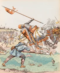 Jacques Marie Gaston Onfroy de Breville dit JOB (1858-1931) - Le reaper de Bouvines (rolník účastnící se bitvy u Bouvines v roce 1214), soukromá sbírka