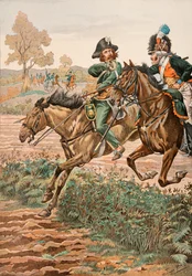 Jacques Marie Gaston Onfroy de Breville dit JOB (1858-1931) - Výstroj francouzských jednotek všech dob: Cavalier Vendeen a piqueur (nebo Piconnier) na koni Germanique Legion (1793), soukromá sbírka