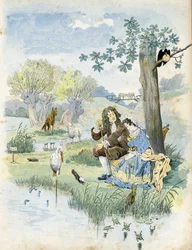 Jean de La Fontaine (Lafontaine) (1621-1695) mluví s mladou dívkou. Kolem nich zvířata přítomná v bájích básníka: vlk, jehně, čáp, želva, krysa, žába, zajíc, liška, havran... ve „“ Francii, jeho příběh vyprávěl G. Montorgueil, imagee by Job““ “ 1896. P