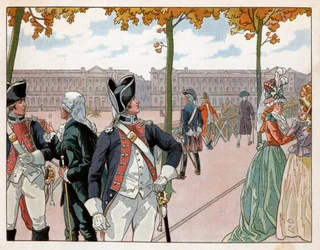 Joachim Murat (1767-1815) a Bessieres v Paříži v roce 1791 v kostýmu královské ústavní stráže. Rytina Jacques Marie Gaston Onfray de Breville dit Job (1858-1931)