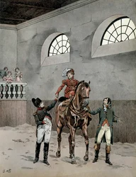 Napoleon I. Bonaparte (1729-1821) navštěvoval jezdecké lekce imprese Marie Louise Rakouské (1791-1847). Ve filmu „Napoleon“ od Georgese Montorgueila. Ilustrace Jacques Marie Gaston Onfray de Breville dit JOB (1858-1931)