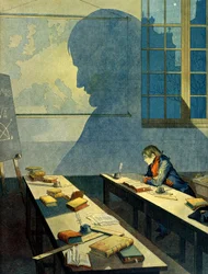 Napoleon I. Bonaparte (1769-1821) studující na Royal Military School of Brienne (škola provozovaná Minimes v Aube, Champagne Ardennes). Jeho stín padá na geografickou mapu Evropy. Ilustrace Jacques Marie Gaston Onfray de Breville dit JOB