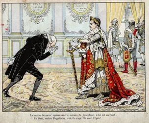 Napoleon a notář Raguideau, ráno korunovace, 1804 - litografie od Joba (Jacques Onfroy de Bréville) z knihy „Le Grand Napoléon des Petits Enfants“, 1893