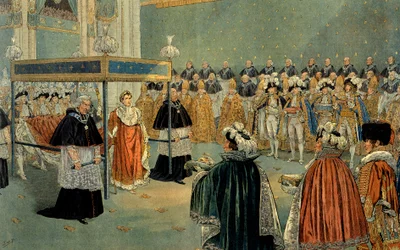 Znázornění korunovace Napoleona I. (1769-1821) v pařížské katedrále Notre-Dame dne 02/12/1804. Ilustrace Jacquese Marie Gastona Onfraye de Bréville, zvaného Job (1858-1931). Soukromá sbírka